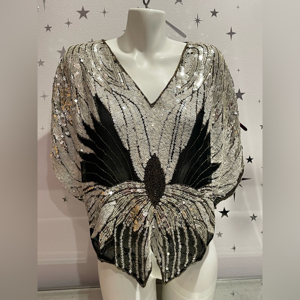 Dominique Silk 70s 80s Butterfly Beaded Sequin Blouse